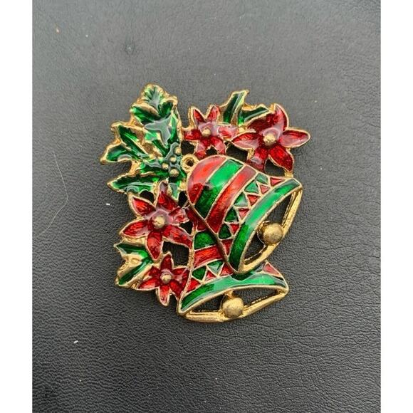 Christmas Gold Tone & Green & Red Enamel Double Bell Poinsettia Brooch - Picture 2 of 4